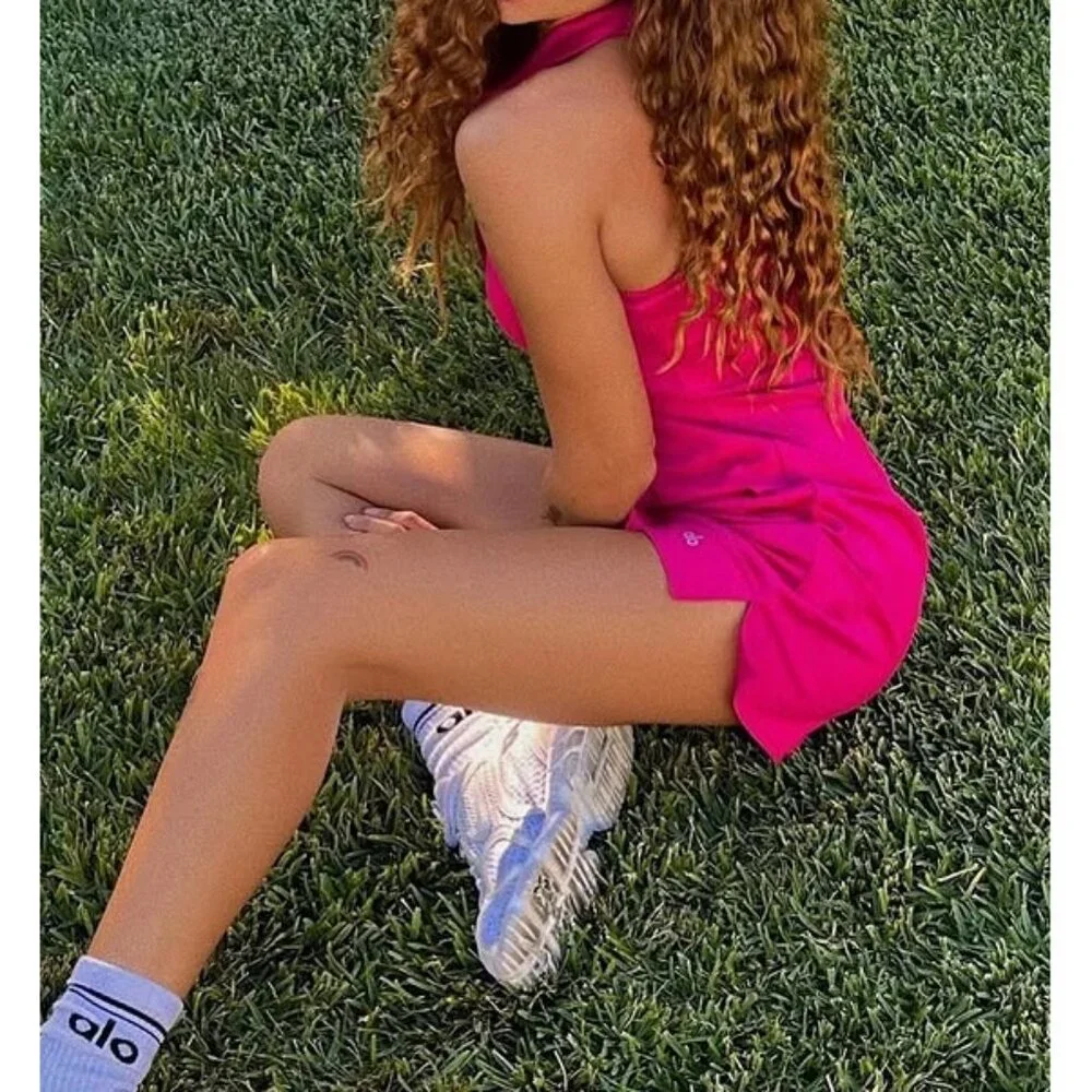 Alo Charmed Tennis Dress Magenta Crush Button-Up V-Neck Sleeveless Henley Mini L